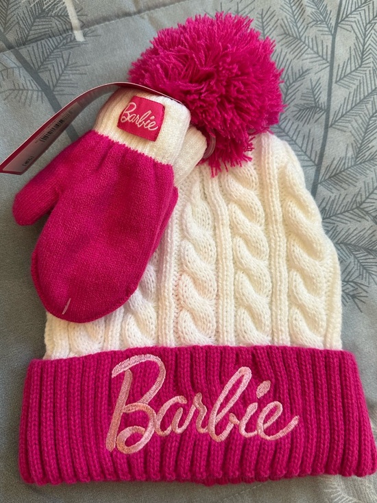 Barbie Other - NWTS Barbie Pink Cable Knit Pom Hat with Matching Pink Mittens Toddler Sz 2T-5T